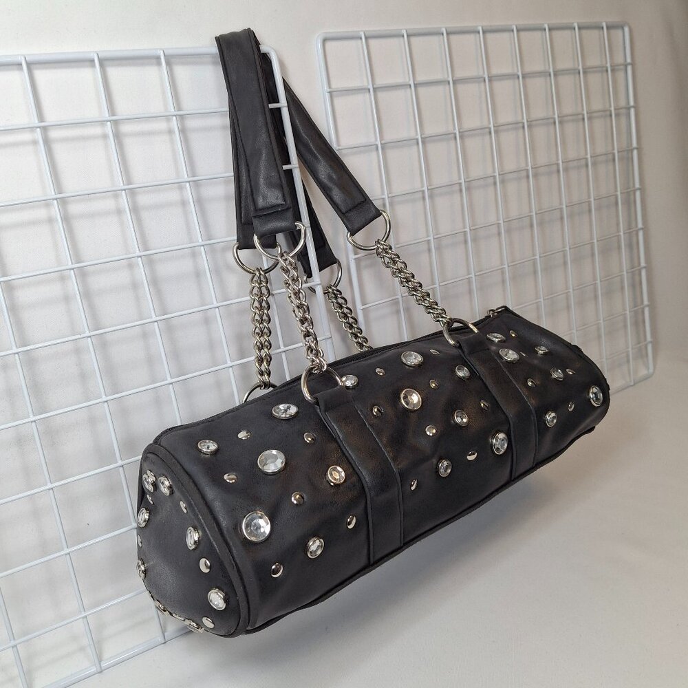 Small Goth Barrel Bag Satchel, Studs Chain Handles Jeweled PU Leather Zipper